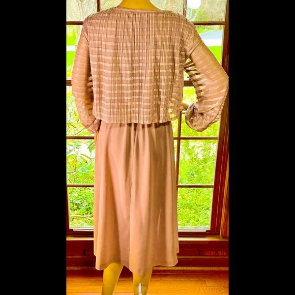 ▪️VTG▪️1970's Rose Pink Sheer Stripe Overlay Maxi Blouson Dress - Picture 2 of 3